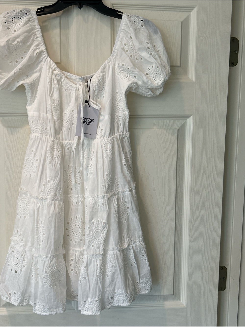 Princess Polly White Eyelet Tiered Puff Sleeve Mini Dress